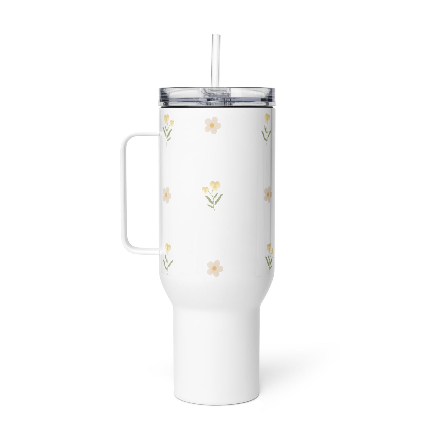 Large Stainless Steel Travel Tumbler - Yellow Pansy & White Flower Design