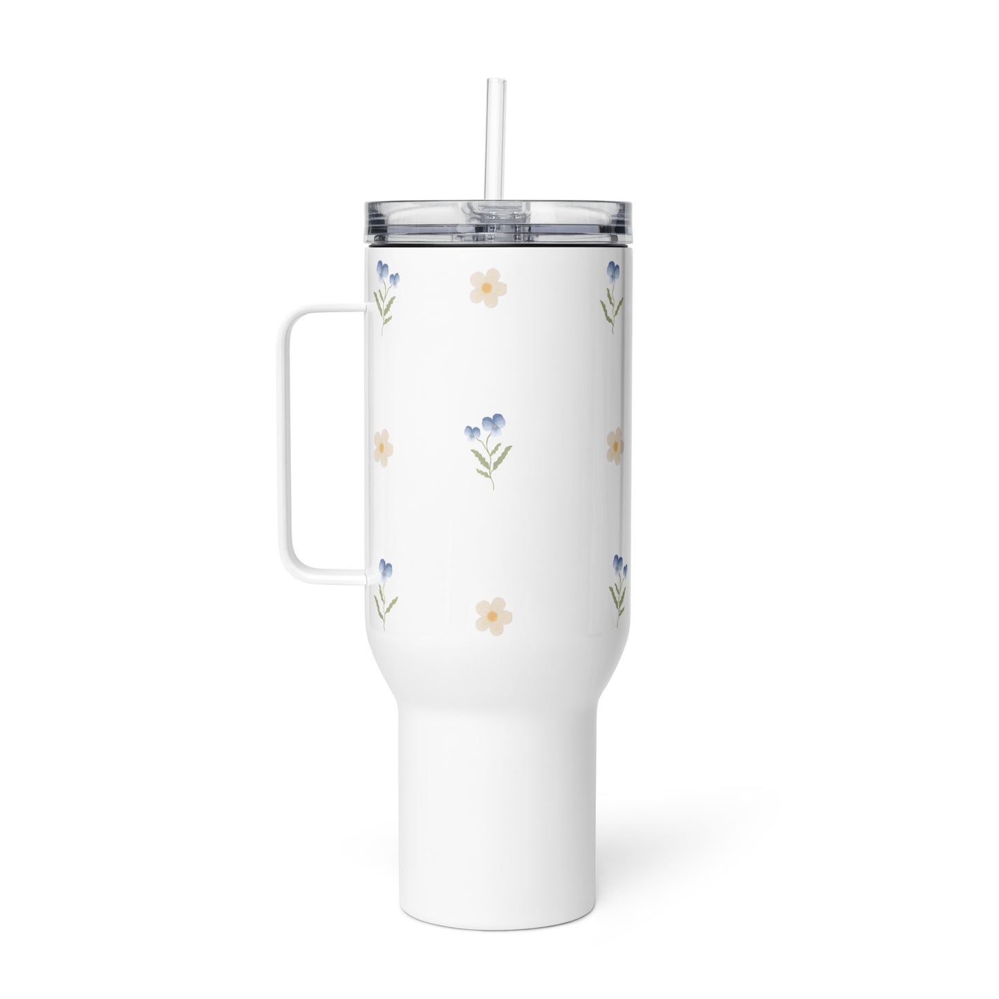 Large Stainless Steel Travel Tumbler - Blue Pansy & White Flower Design
