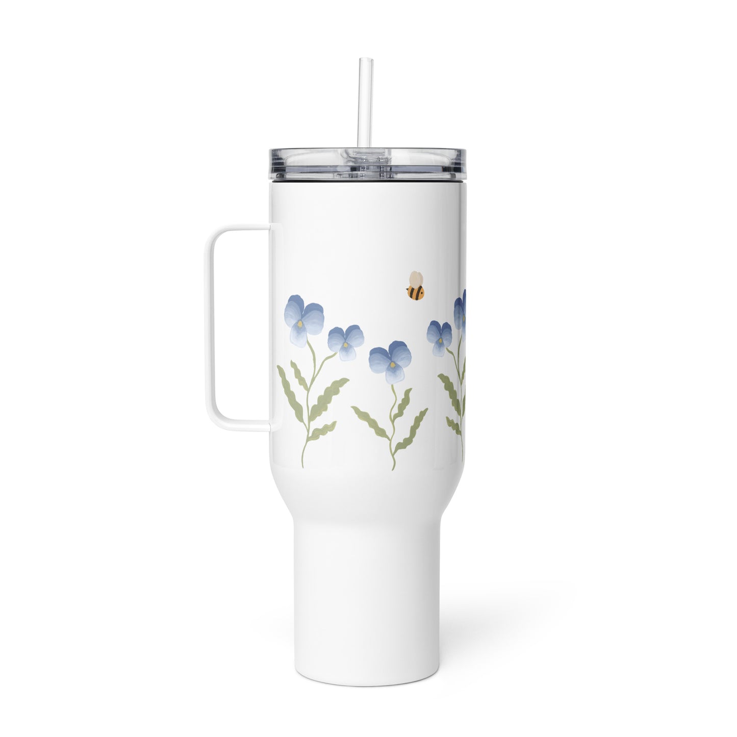 Large Stainless Steel Travel Tumbler - Blue Pansy, Bee & Ladybug Design