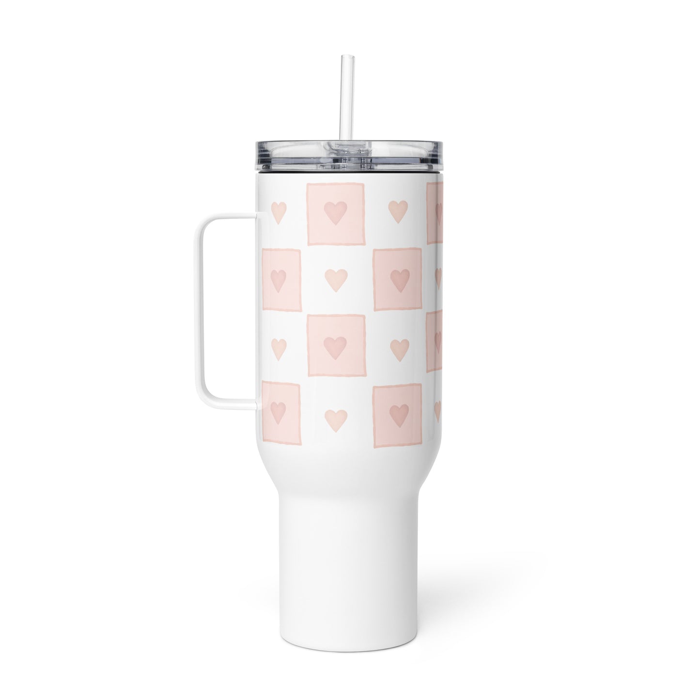 Large Stainless Steel Travel Tumbler - Pink Heart Checkerboard Design