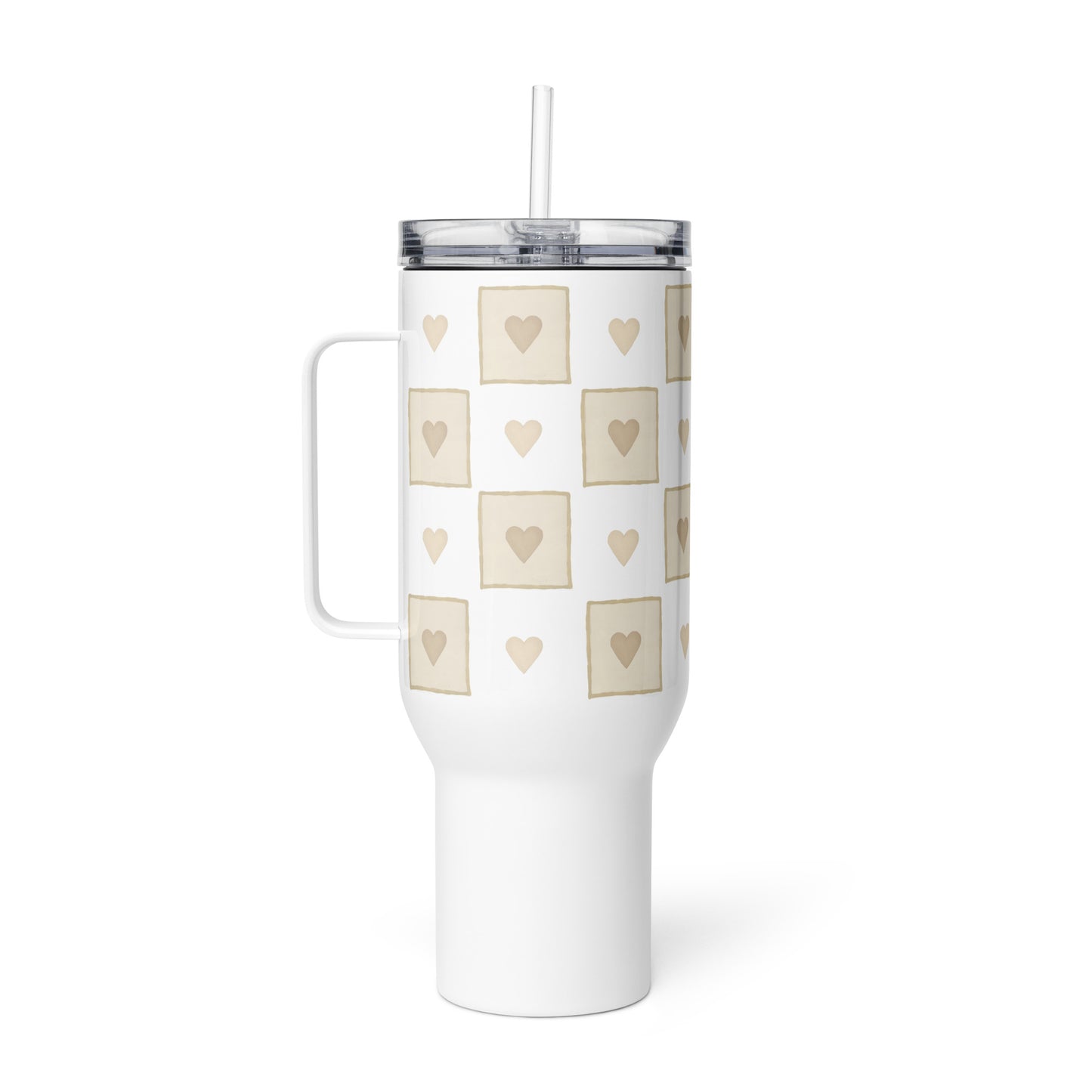 Large Stainless Steel Travel Tumbler - Beige Heart Checkerboard Design