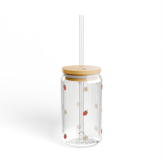 Glass Sipper - Strawberry & Strawberry Flower Design