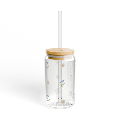 Glass Sipper - Blue Pansy & White Flower Design