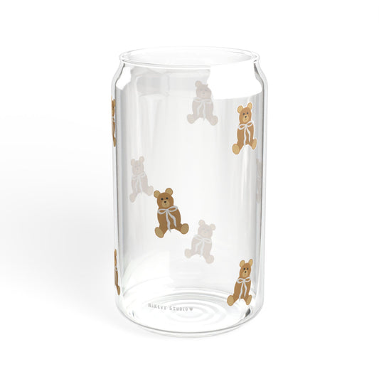 Glass Sipper - Teddy Bear with a White Bow Design