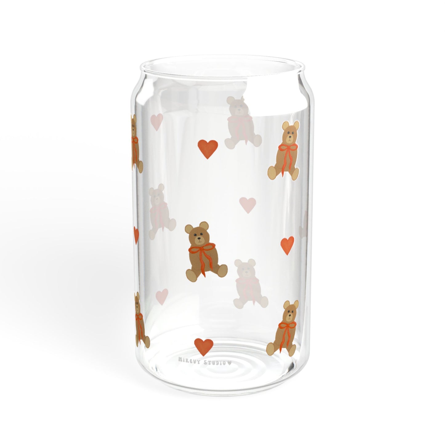 Glass Sipper - Teddy Bear with Red Bow & Red Heart Design