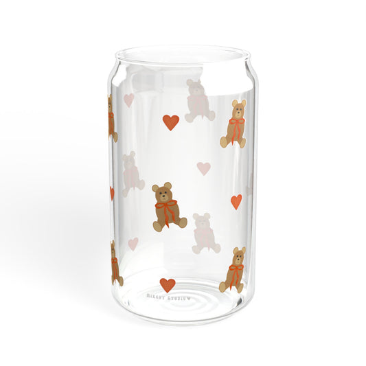 Glass Sipper - Teddy Bear with Red Bow & Red Heart Design