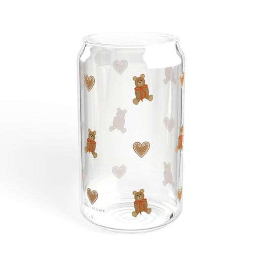 Glass Sipper - Teddy Bear with a Red Bow & Gingerbread Heart Design