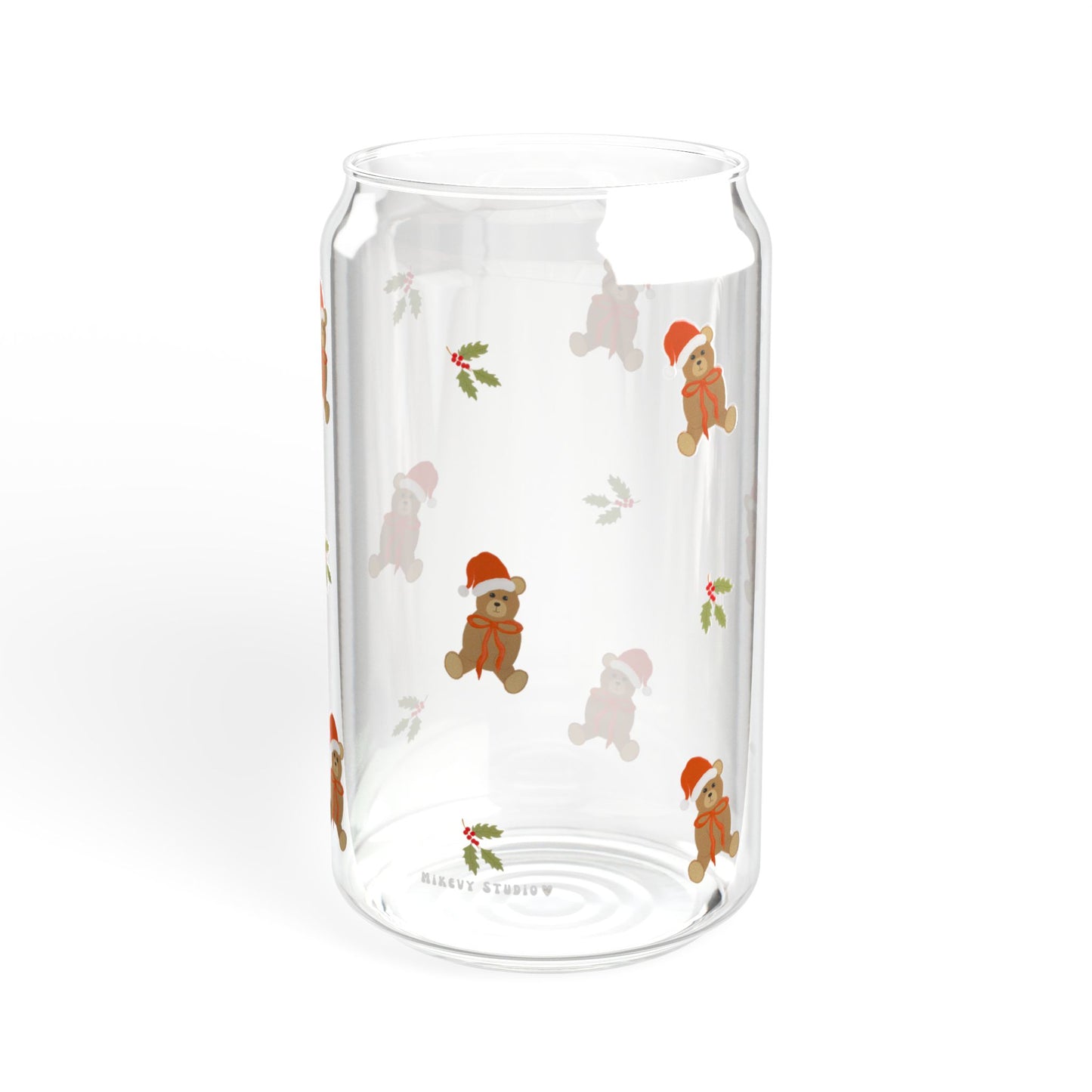 Glass Sipper - Santa Teddy Bear & Holly Flower