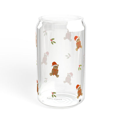 Glass Sipper - Santa Teddy Bear & Holly Flower