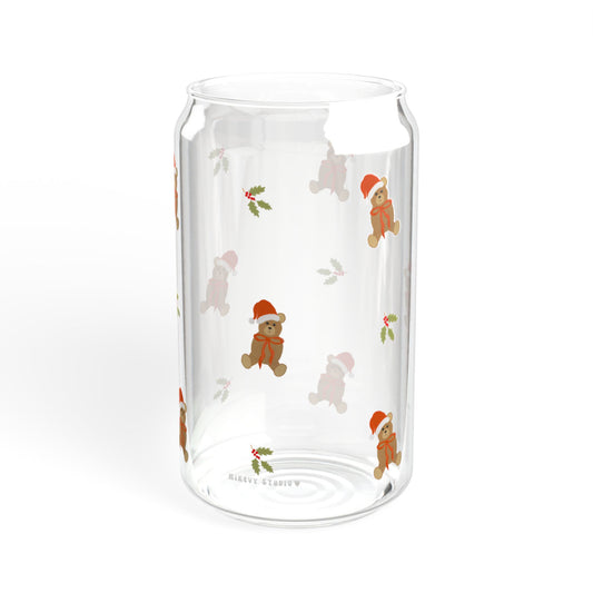 Glass Sipper - Santa Teddy Bear & Holly Flower