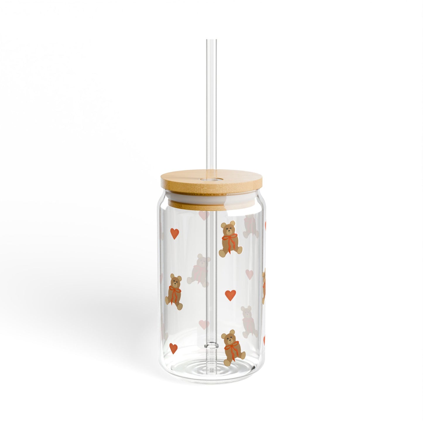 Glass Sipper - Teddy Bear with Red Bow & Red Heart Design