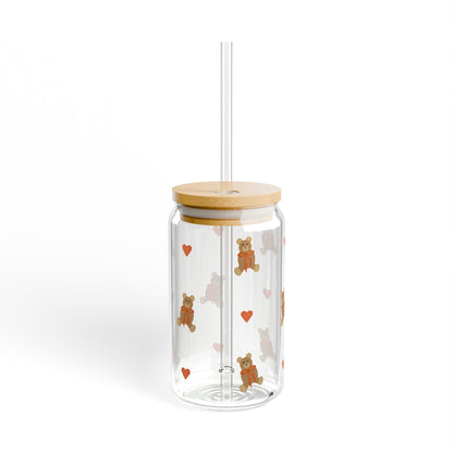 Glass Sipper - Teddy Bear with Red Bow & Red Heart Design