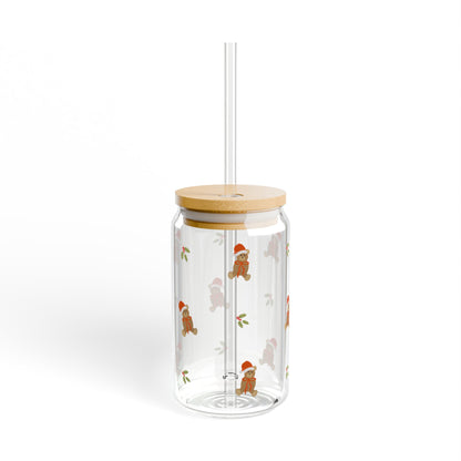 Glass Sipper - Santa Teddy Bear & Holly Flower