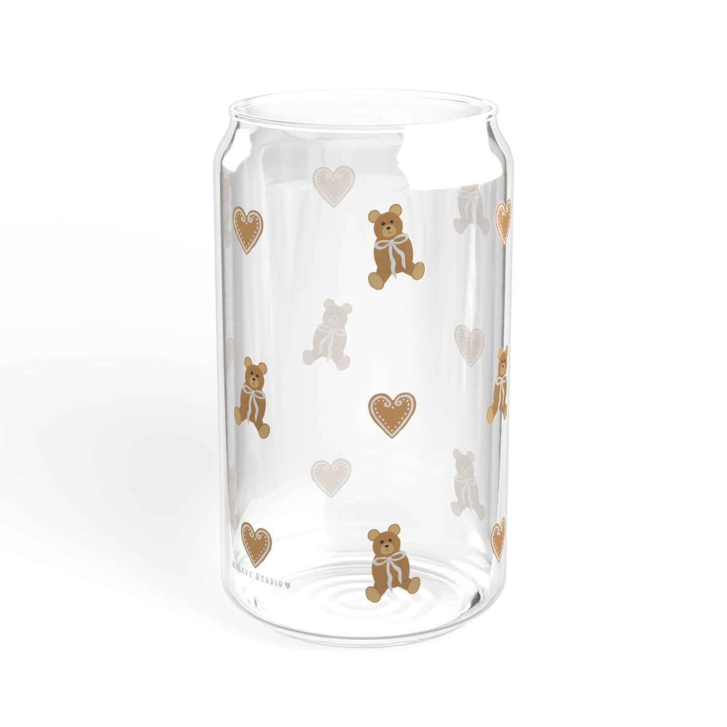 Glass Sipper - Teddy Bear with a White Bow & Gingerbread Heart Design