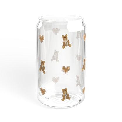 Glass Sipper - Teddy Bear with a White Bow & Gingerbread Heart Design