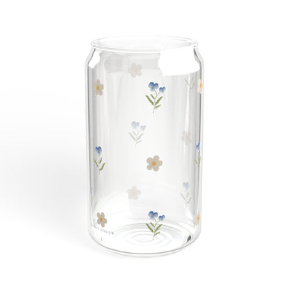 Glass Sipper - Blue Pansy & White Flower Design