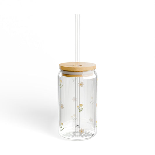 Glass Sipper - Yellow Pansy & White Flower Design