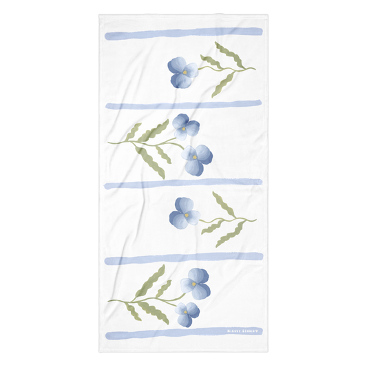 Towel - Blue Pansy & Blue Stripes Design