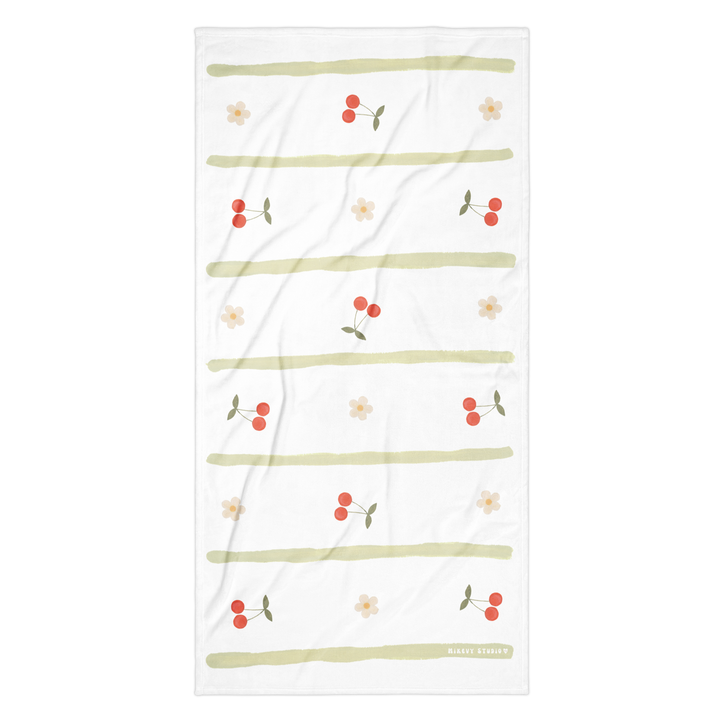 Towel - Cherry, Flower & Green Stripes Design
