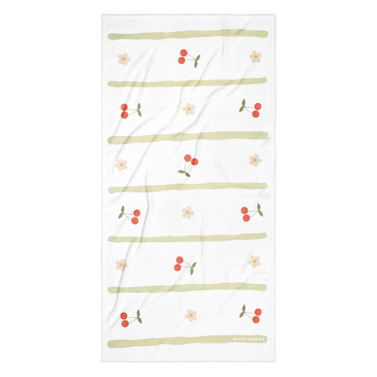 Towel - Cherry, Flower & Green Stripes Design