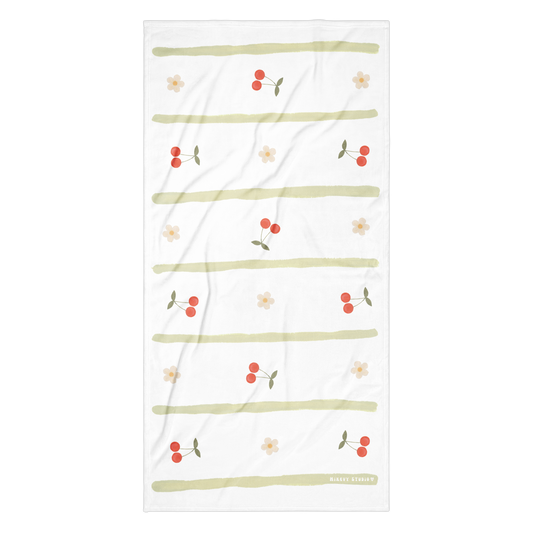 Towel - Cherry, Flower & Green Stripes Design