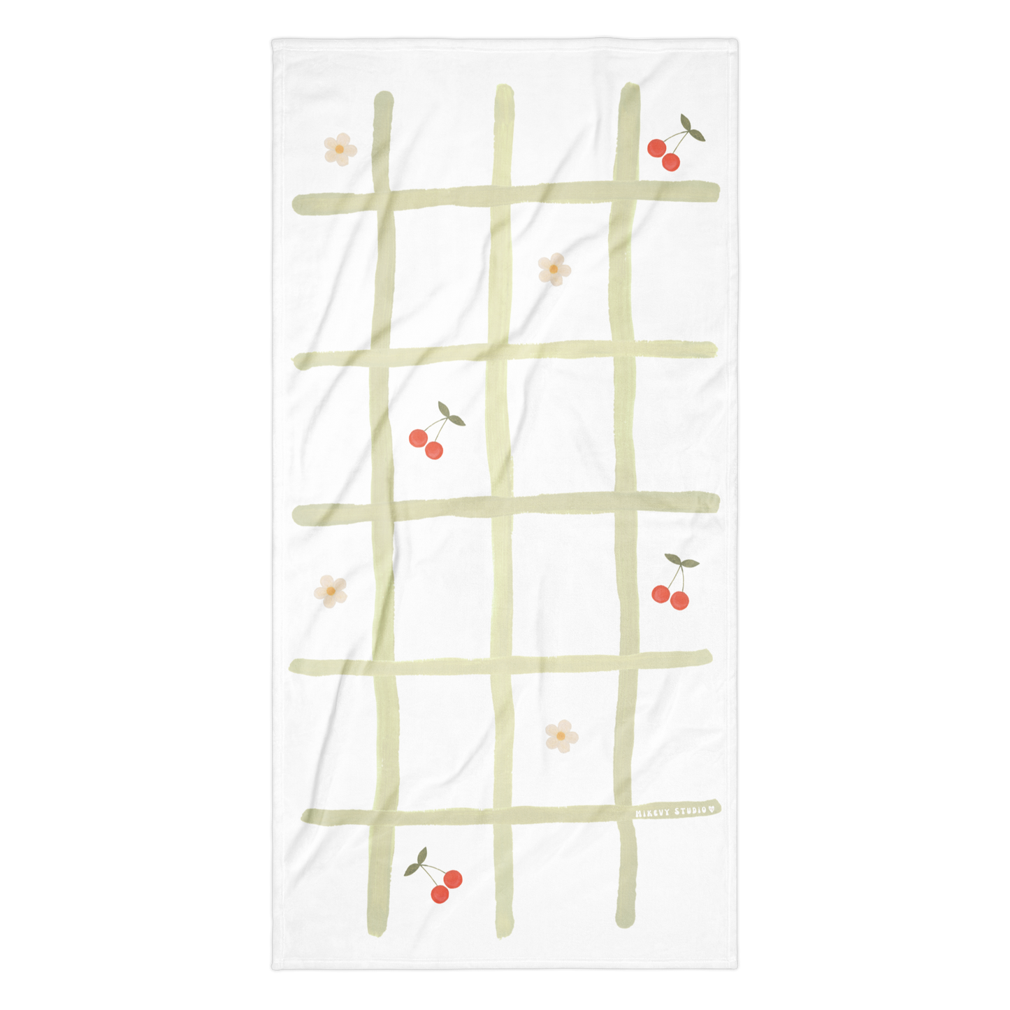 Towel - Green Grid, Cherry & Flower Design
