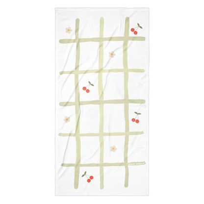 Towel - Green Grid, Cherry & Flower Design