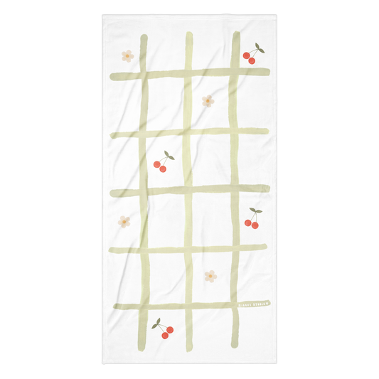 Towel - Green Grid, Cherry & Flower Design