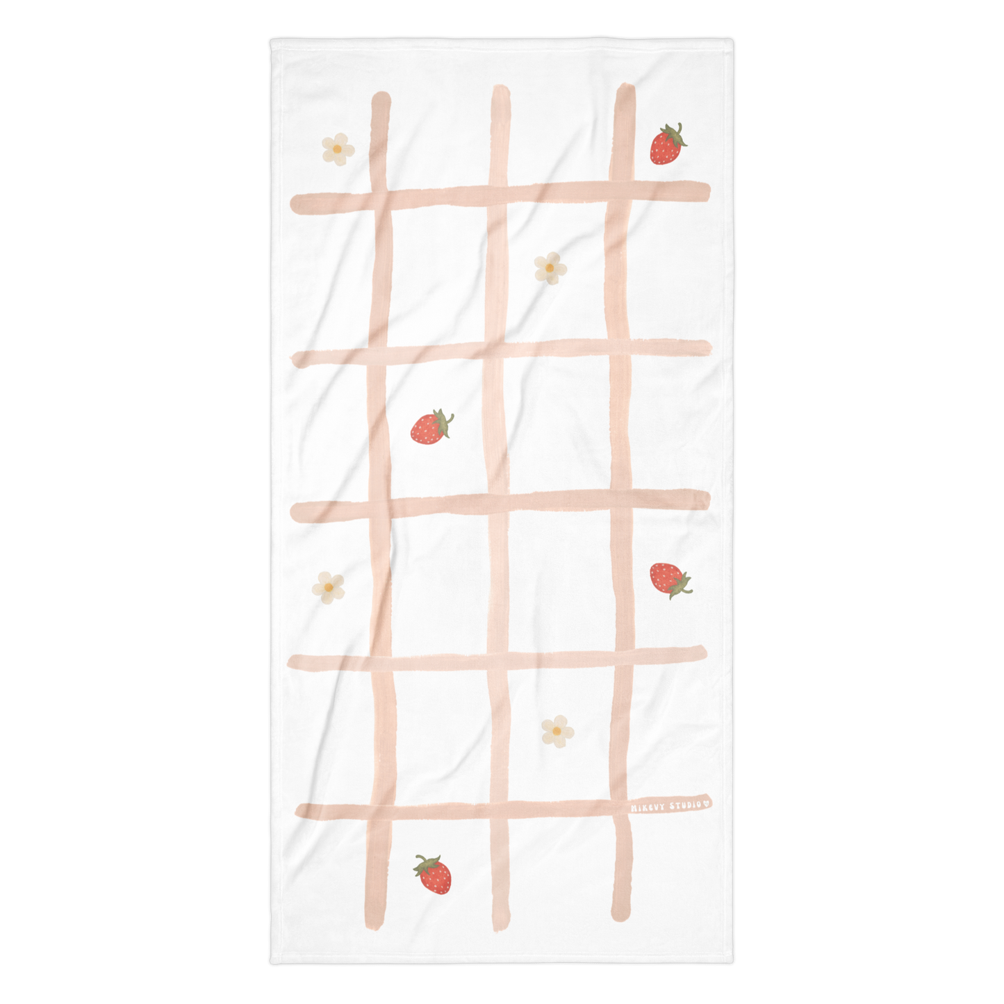 Towel - Pink Grid, Strawberry & Flower Design