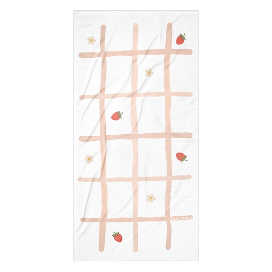 Towel - Pink Grid, Strawberry & Flower Design