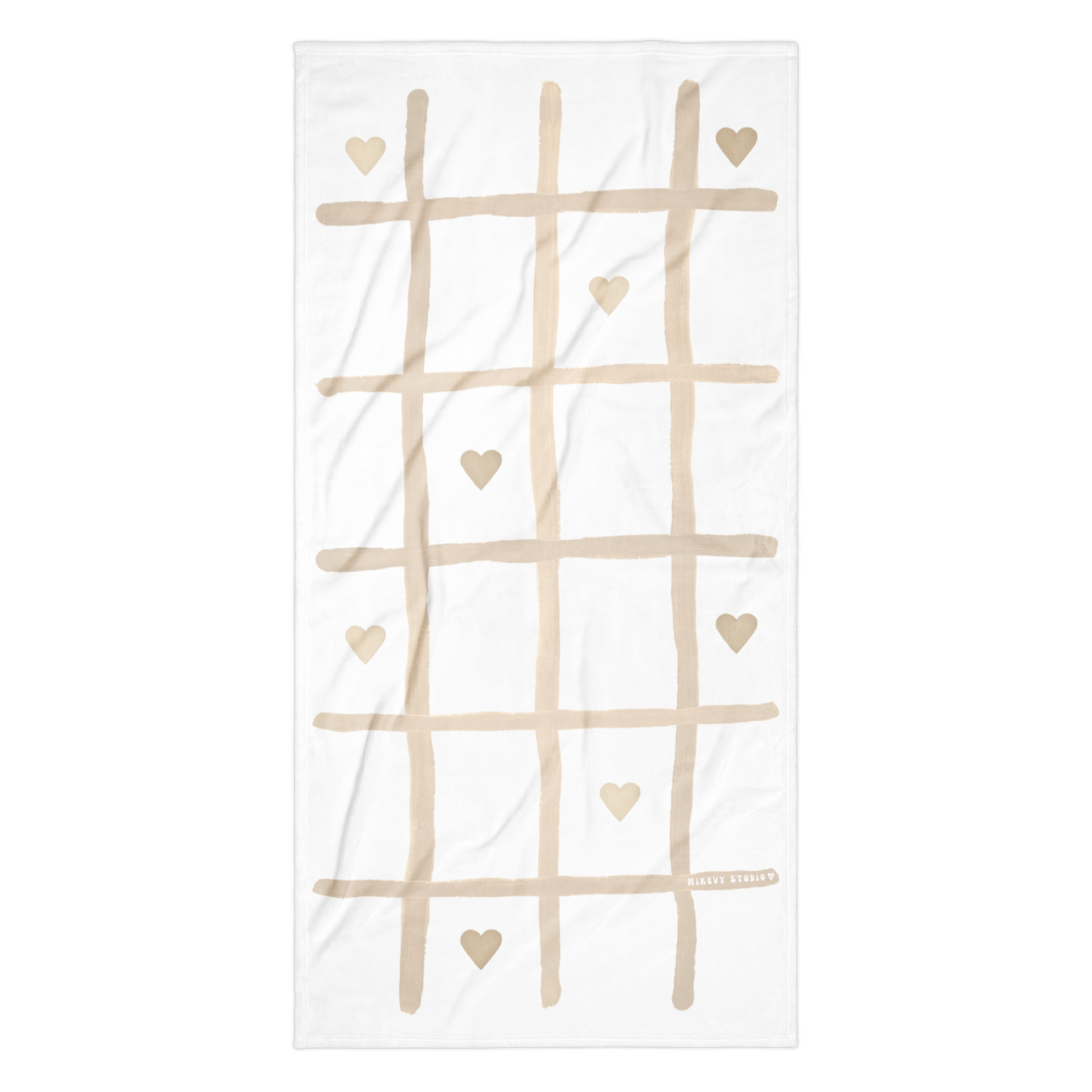 Towel - Beige Grid & Heart Design