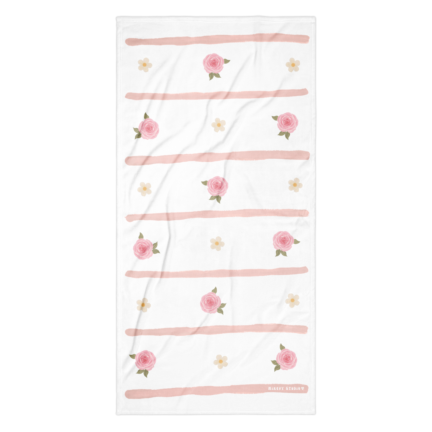 Towel - Rose, Flower & Pink Stripes Design