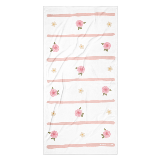 Towel - Rose, Flower & Pink Stripes Design
