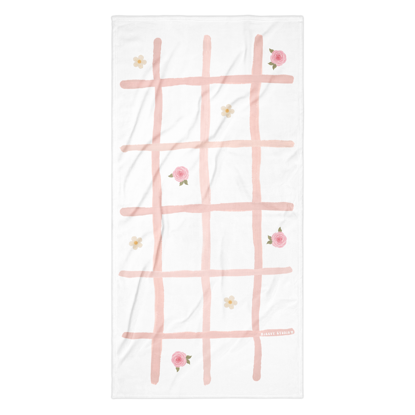 Towel - Pink Grid, Rose & Flower Design