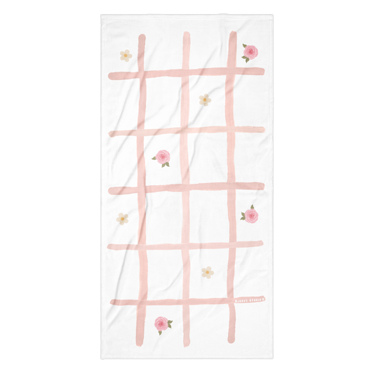 Towel - Pink Grid, Rose & Flower Design