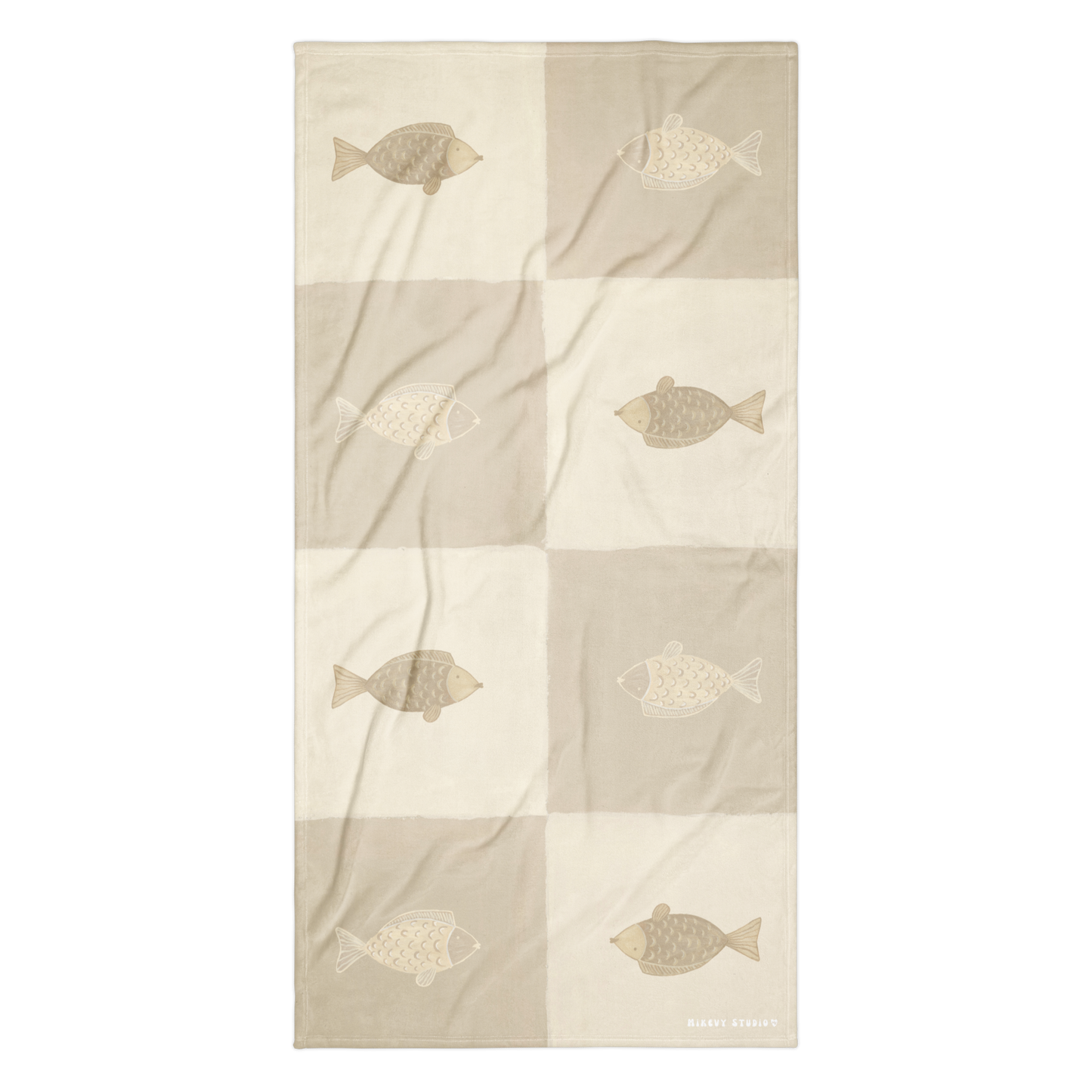 Handduk - Beige Fiskar & Schackrutor