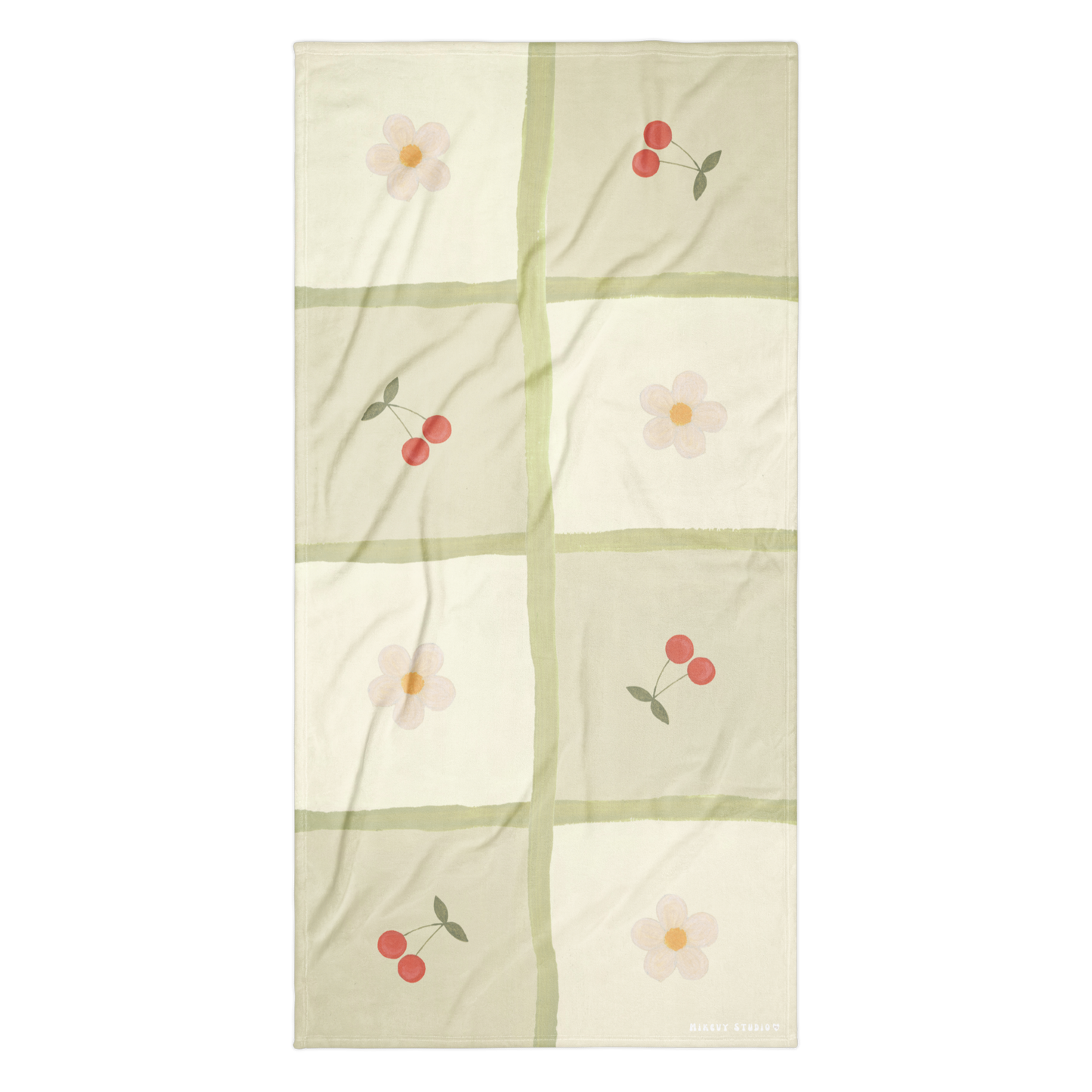 Towel - Cherry & Flower Checkerboard Design