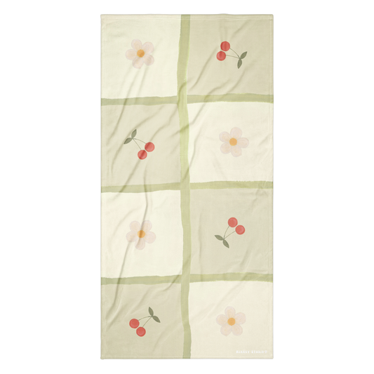 Towel - Cherry & Flower Checkerboard Design