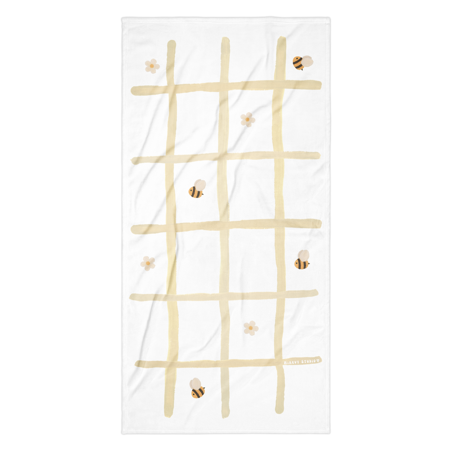 Towel - Beige Grid, Bee & Flower Design