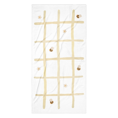Towel - Beige Grid, Bee & Flower Design