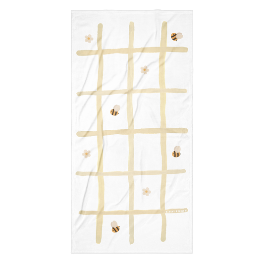 Towel - Beige Grid, Bee & Flower Design