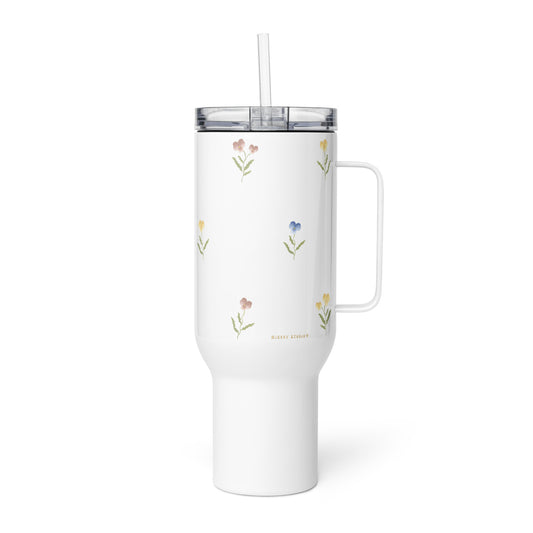 Large Stainless Steel Travel Tumbler - Pink, Blue & Yellow Pansy Design
