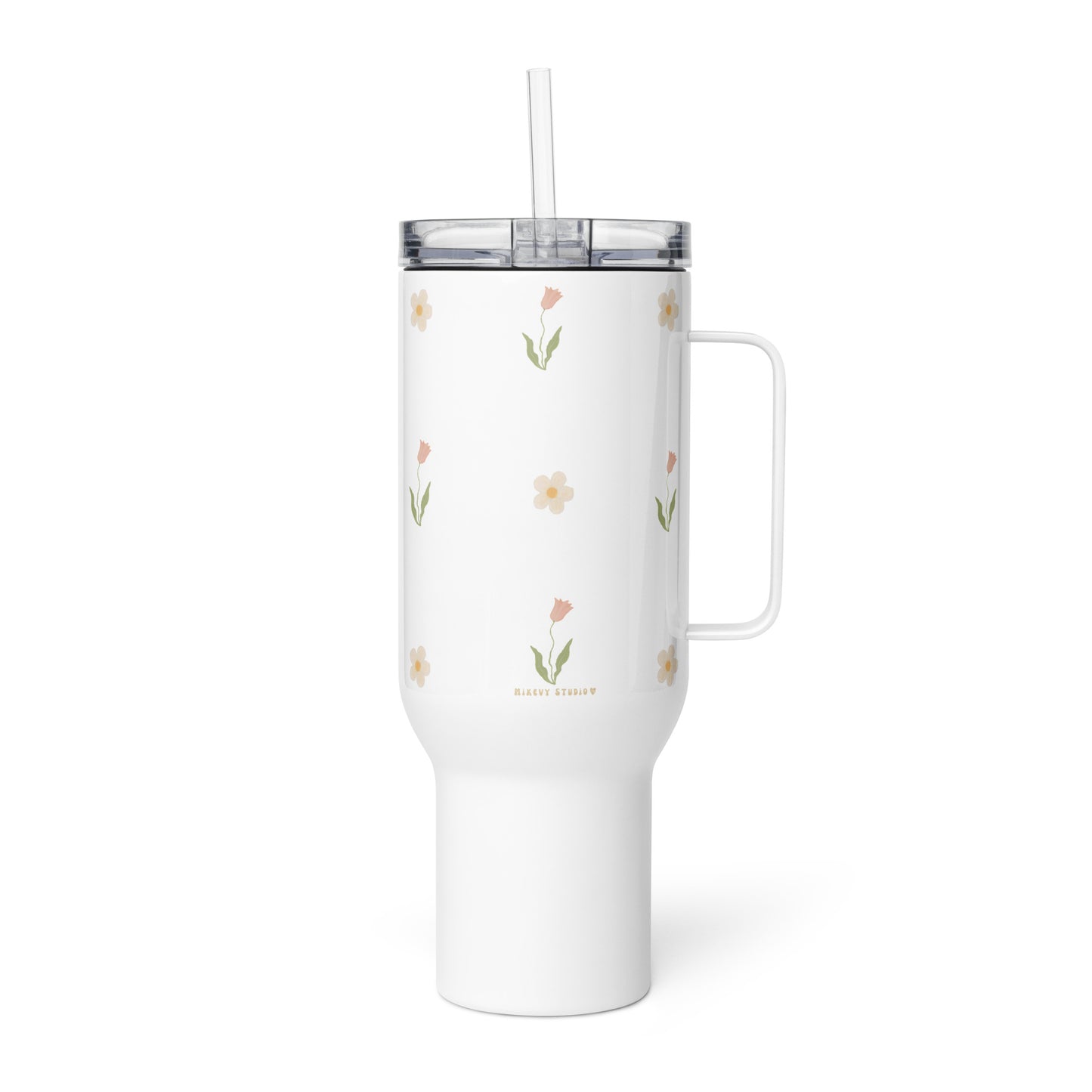 Large Stainless Steel Travel Tumbler - Pink Tulip & White Flower Design