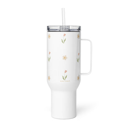 Large Stainless Steel Travel Tumbler - Pink Tulip & White Flower Design