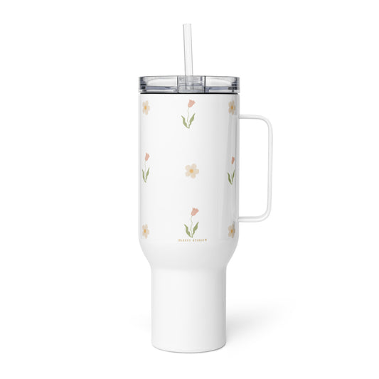 Large Stainless Steel Travel Tumbler - Pink Tulip & White Flower Design