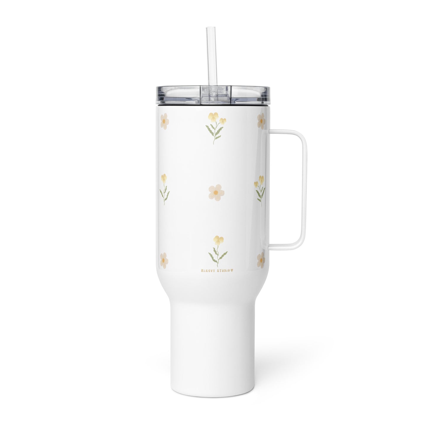 Large Stainless Steel Travel Tumbler - Yellow Pansy & White Flower Design