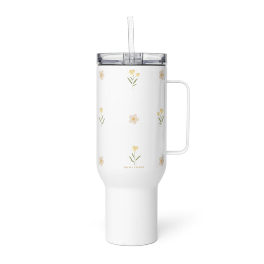 Large Stainless Steel Travel Tumbler - Yellow Pansy & White Flower Design