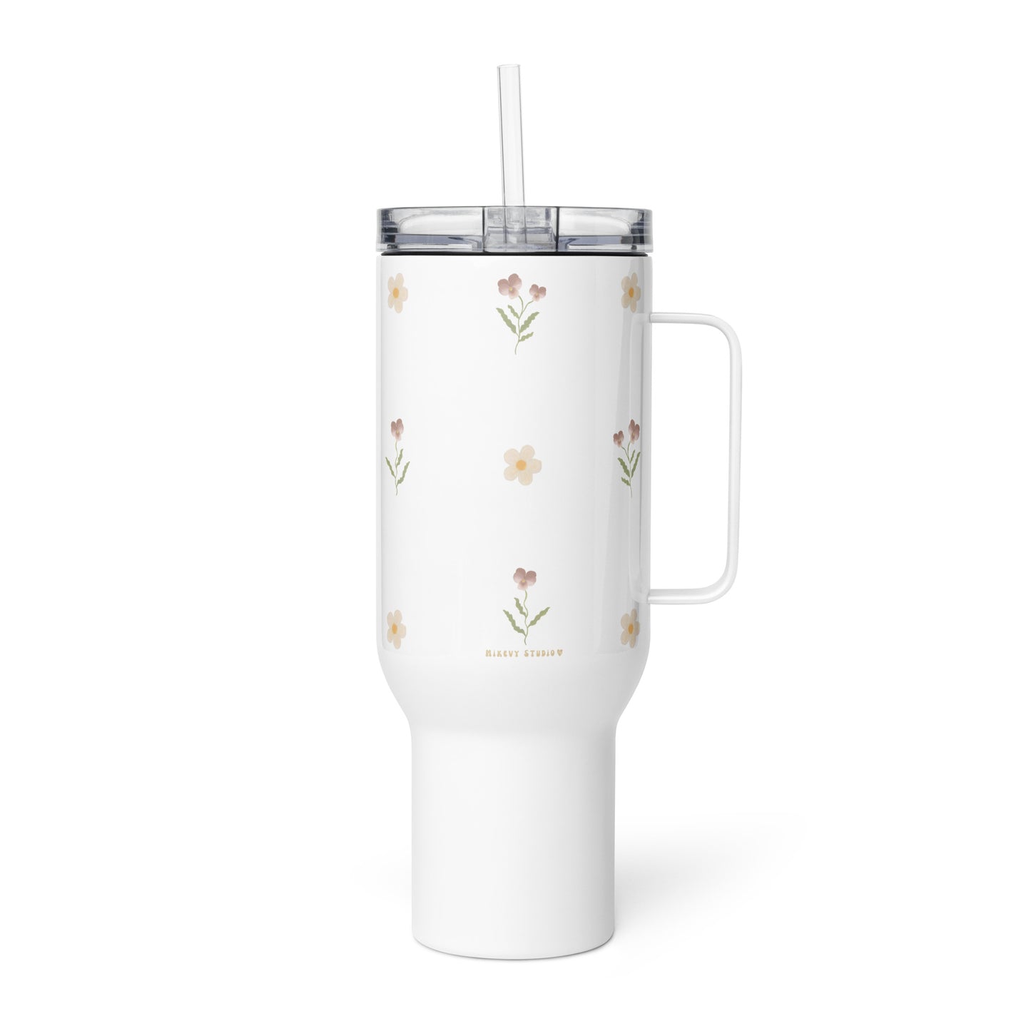 Large Stainless Steel Travel Tumbler - Pink Pansy & White Flower Design