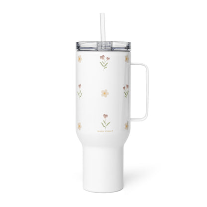 Large Stainless Steel Travel Tumbler - Pink Pansy & White Flower Design