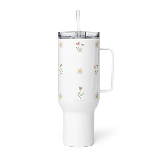 Large Stainless Steel Travel Tumbler - Pink Pansy & White Flower Design